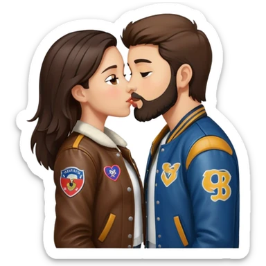 A brunette girl with a letterman jacket kissing a brunette boy with a beard and leather jacket  sticker