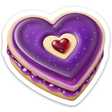 Realistic shortbread cookie in the shape of a heart with purple pastel jelly middle filling and sprinkled powder sugar on top. sticker