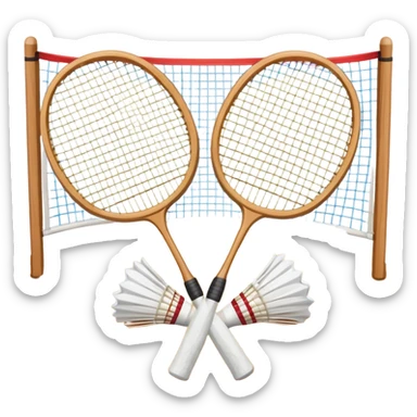 Two crossed badminton rackets with a shuttlecock resting in between, set against the faint outline of a badminton court. The image highlights the tools of the sport, with a subtle emphasis on the court's net and boundaries, symbolizing competition and skill. sticker