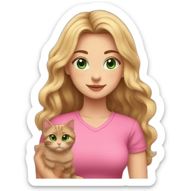 woman with green eyes and long wavy blonde hair in a pink shirt is holding a very fluffy and fat black and tortoiseshell cat sticker