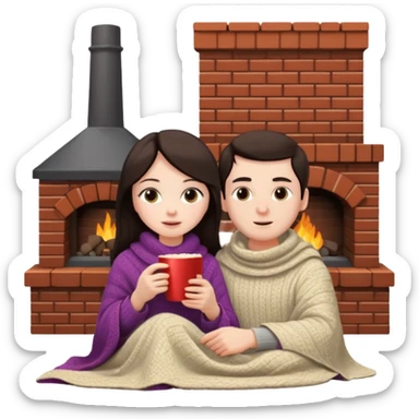 woman with dark hair with her husband at home near chimney watching movie under blanket cozy vibe sticker