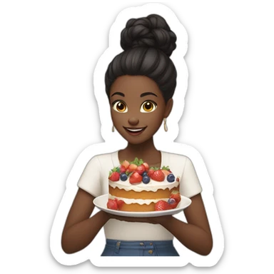 A black girl, black hair in a bun, eat cake throwing fruits away sticker