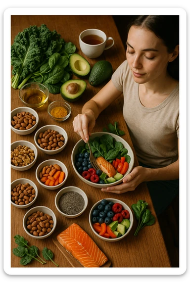 A realistic, cinematic flat-lay image of a clean wooden kitchen table filled with fresh, colorful whole foods known to help reduce androgen excess naturally. The table includes leafy greens like spinach and kale, avocados, berries, colorful vegetables, nuts, seeds (chia and flaxseeds), wild-caught salmon, and herbal teas, carefully arranged in an aesthetically pleasing, organized manner. A small glass bowl with olive oil and another with turmeric powder are included, emphasizing anti-inflammatory properties. In the scene, a young woman with clear, healthy skin and a calm expression is preparing a bowl with these ingredients, symbolizing a hormone-balancing diet. Warm, natural daylight streams in, creating a cozy and inviting atmosphere. The style is hyper-realistic 35mm photography, with vibrant yet soft colors, showcasing textures of the fresh produce and the peaceful vibe of using nutrition to support hormonal balance in italiano sticker