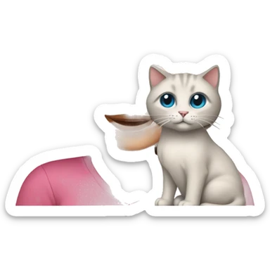 White woman with blue eyes and long dark hair wearing a pink shirt and holding a tabby cat sticker