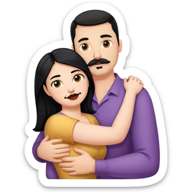 Tall strong white man with dark brown mustache goatee hugging a chubby short pale woman with long black hair sticker