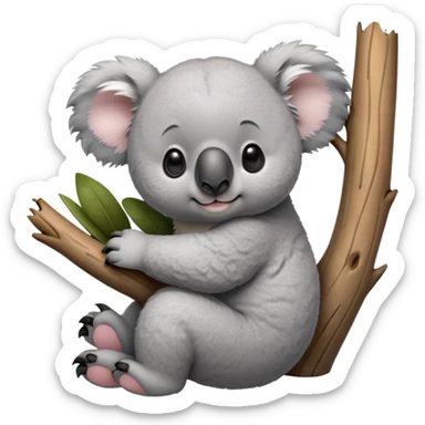 cinematic-koala-realistic-full-body-clinging-emoji,-round-plump-frame-clasped-to-a-gum-tree-branch,-soft-grey-fur-textured-and-fluffy,-oversized-fluffy-ears-twitching-slightly,-dark-expressive-eyes-peering-sleepily,-clawed-paws-gripping-bark-firmly,-simplified-yet-realistic-focused-features,-highly-detailed,-glowing-with-a-gentle-warmth sticker