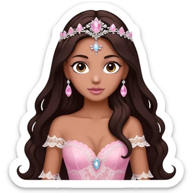 enchantress goddess wearing a embellished shimmering light powder white lace and swarovski pink gown with tanned skin and super long dark brown hair sticker