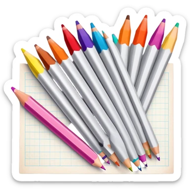 Cinematic Realistic image of a set of finely sharpened colouring pencils arranged neatly on crisp paper, rendered with vibrant hues and detailed pencil textures, illuminated by soft, creative lighting that captures the spirit of artistic expression sticker