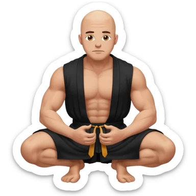 fullbody jacked bald guy, sleeveless and unbuttoned in black robe sitting hands on knees sticker