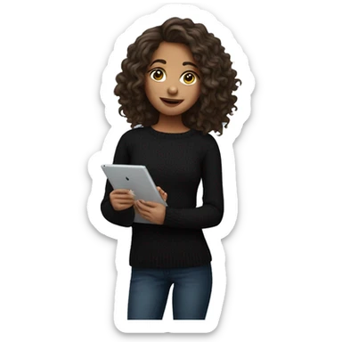 Brunette girl with wavy hair in black sweater with opened shoulders with iPad  sticker