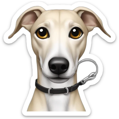 a beige whippet with one fore-foot up and a leash going out of frame, with a dark snout, black and white mouth patchy and black angel wing like eyes sticker