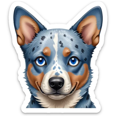 Cinematic Noble Blue Speckle Australian Cattle Dog Portrait Emoji, Poised and regal, with a robust, athletic build and a striking blue speckle Fur, piercing blue eyes, Simplified yet sharp and sophisticated features, highly detailed, glowing with a cool, dignified glow, high shine, intelligent and hardworking, stylized with an air of precision, focused and attentive, soft glowing outline, capturing the essence of a watchful and determined herder, so majestic it feels as though it could leap out of the screen with effortless authority! sticker