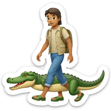Man with a mullet wearing crocs walking an aligator sticker