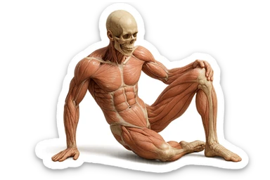 CORPO UMANO ANATOMICO REALISTICO CHE SVOLGE UN ESERCIZIO DI MOBILITà ALLE ANCHE, iperrealistico 4k sticker