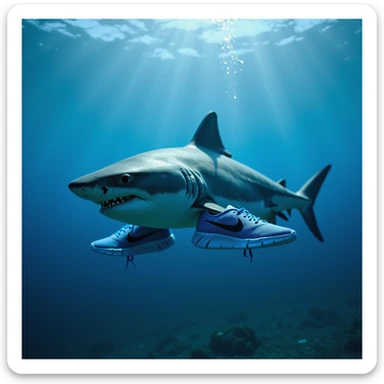 a photorealistic shark with blue Nike sneakers, swimming underwater sticker