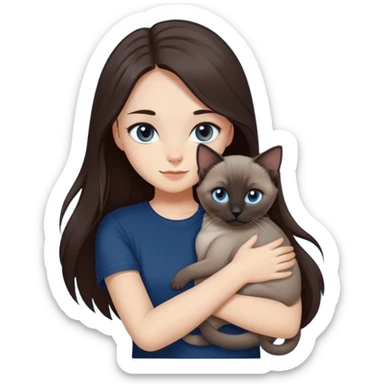 a girl with long dark brown hair, grey eyes, in a dark navy blue tshirt is hugging a siamese kitten sticker