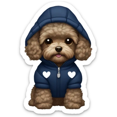 Dark Brown maltipoo wearing navy blue puffer jacket with a hood with little white hearts pattern sticker