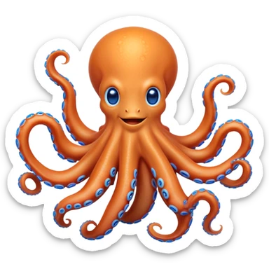 Cinematic Noble smiling Octopus Portrait Emoji, Poised and enchanting, with a light orange body adorned with vibrant blue rings and eight delightfully curling arms with gentle suckers, large sparkling eyes exuding warmth and playfulness, Simplified yet charmingly expressive features, highly detailed, glowing with a soft, magical underwater radiance, high shine, intelligent and irresistibly cute, stylized with an air of whimsical marine enchantment, focused and fluid, soft glowing outline, capturing the essence of a watchful and endearing octopus that appears ready to float out of the screen with delightful charm! sticker