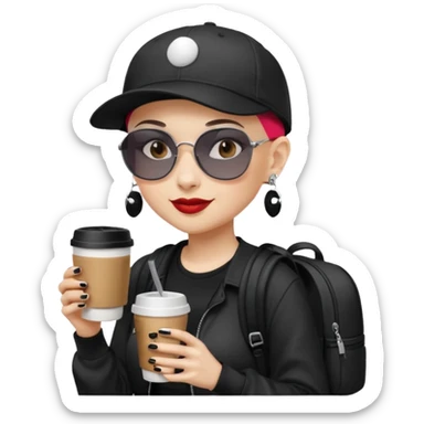 ["A happy woman with light skin, bald, wearing a baseball cap and sunglasses, dressed in goth fashion, is drinking coffee while holding a backpack."] sticker