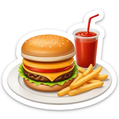 i want a Cheeseburger and Fries with a angle to 15–20° gentle bird’s-eye angle with 2white and red Sause on white plate  sticker