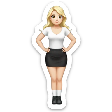 Front view full body curvy caucasian beauty sitting straight hands up black skirt white knickers white socks sticker