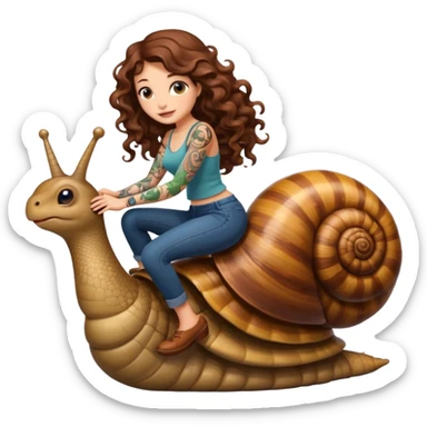 cute woman long curly brown hair tattoos riding giant snail sticker