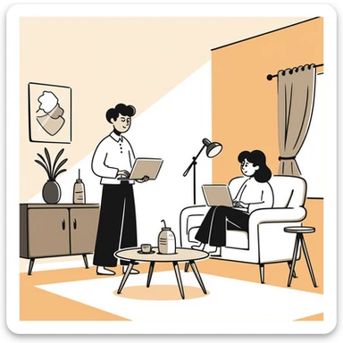 escenary 3d of a cozy mid-century living room with two people working on laptops, one man standing at a desk and one woman sitting on a couch, warm tones, two walls and floor visible sticker