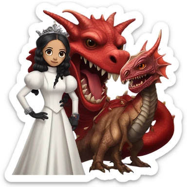 surprised Lavish Victorian evening gown with gloves, Jenna Ortega as Addams girl Jedi wearing a steampunk mini tiara, standing next to a very large blood red evil-looking horned dragon sticker