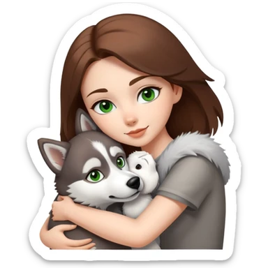 White girl white Green eyes and brown hair make a hug to a husky white ans grey white brown eyes  sticker