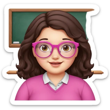 chubby English teacher cute girl face happy wavy long dark brown hair wearing pink glasses classroom background for online classes sticker