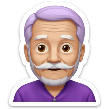Abuelo hombre con ropa morada, ojos cafés, muchas arrugas, aspecto feliz, el pelo debe ser blanco no morado. sticker