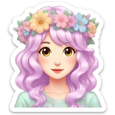 Gorgeous Shiny Colorful Pastel Anime Mature Lady with blushing face and pretty hair with a flower crown pastelcore kawaii cottagecore fairycore aesthetic trending style sticker