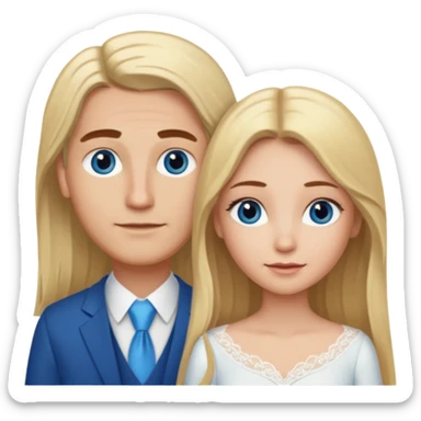 a blonde girl with a middle part with long hair and blue eyes and brown eyebrows marrying a man with light brown hair with a middle part and brown eyes  sticker