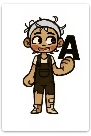 Add a bold black letter A in the character's right hand, keeping the original style and pose intact. Only add the letter, do not change anything else. sticker