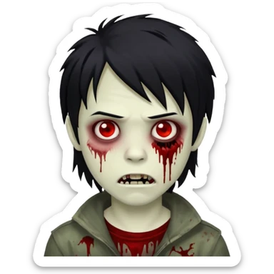 Boy, zombie, black hair, medium long, emo, shaggy, dark, spooky, creepy expression emoji And red eyes and blood on teeth sticker