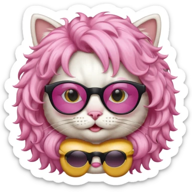 White cat wearing pink curly wig, black sunglasses sticker
