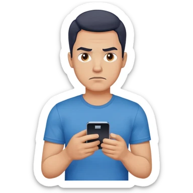 a brooding guy in a blue T-shirt holding a cell phone sticker