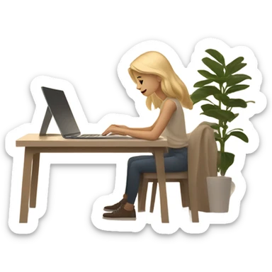A blonde girl working on her laptop in a beige aesthetic setting. The scene features soft, warm tones with minimalist decor, such as a neutral beige desk, a simple coffee cup, and subtle lighting that complements the calming and modern atmosphere. sticker