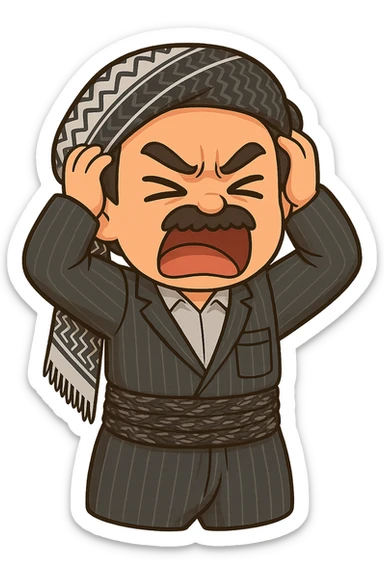 Cartoon sticker of a Kurdish man with the exact same clothes and scarf as the reference image, no changes to clothing or scarf. Face showing anger and rage. Both hands on the head as a sign of severe distress or anger. Colorful and cheerful style, no shadows or color halos around the image, no text. Suitable for WhatsApp and Instagram, with a completely transparent background. sticker
