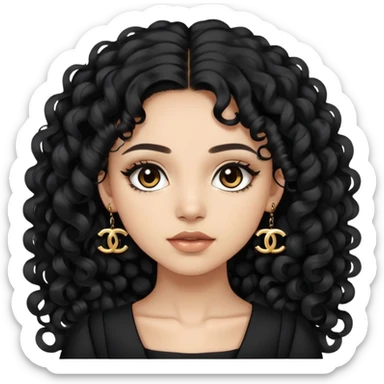 light skin girl with very long black curly hair, brown eyes, wearing a black Chanel dress sticker