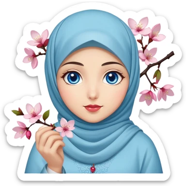 Turkish beautiful finish Konya girl blue eyes with hijab islamic dress and had on her hand cherry blossom sticker
