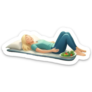 A glowing person stands in morning sunlight, breathing deeply on fresh grass. At their feet: a plate of whole foods, a water bottle, and supplements. Nearby, friends laugh under a tree, and a cozy bed glows in the background—symbolizing sleep, movement, nutrients, connection, and light. sticker