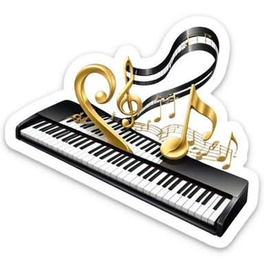 Create a detailed and elegant emoji collage representing keyboard instruments in a celebratory and professional style, reminiscent of a coat of arms. The design should feature a central arrangement of black and white piano keys, forming a symmetrical, powerful image. Around the keys, include a flowing ribbon of musical notes that intertwines with the keys, creating a sense of movement and harmony. Use gold and silver accents to highlight the keys and musical notes, giving the design a festive, high-quality appearance. The design should convey professionalism, elegance, and a sense of occasion. Add subtle reflections on the piano keys to enhance the polished look. The background should be transparent. sticker