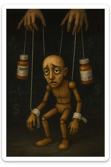 a marionette puppet with hospital bracelets and medication bottles as strings is controlled by unseen hands from above. The puppet’s face shows confusion and fatigue, representing the feeling of being managed by an invisible system. The background is dark, with faint images of medical charts and dollar signs. in italiano sticker