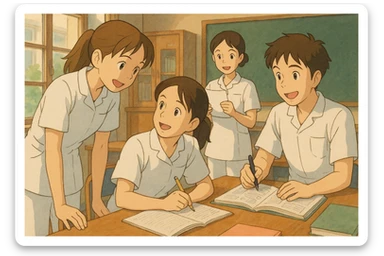 Quatre étudiants infirmiers en intérieur, style Ghibli, travaillant en collaboration et en interaction. Uniformes blancs à manches courtes, tuniques médicales col en V, poche poitrine à gauche, avant-bras nus, pas de pied de col ni stéthoscopes, cheveux longs attachés pour ceux qui en ont. Ambiance chaleureuse, dynamique, professionnelle. sticker