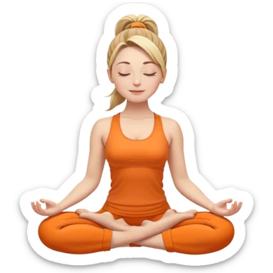 white woman with ponytail hairstyle in lotus position meditation yoga pose, closed eyes with a gentle smile, wearing orange yoga outfit sticker