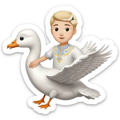 A boy in a Ukrainian white embroidered shirt flies on a white goose sticker