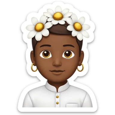 Samsung-style emoji cartoon of a Tamil boy in traditional festival attire: white veshti, shirt, gold-bordered angavastram, flower behind ear sticker