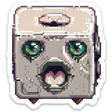 cube with expressive eyes and mouth, reminiscent of retro video games, bold outlines sticker