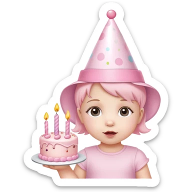 cute baby girl with pastel pink birthday hat and pink birthday cake sticker